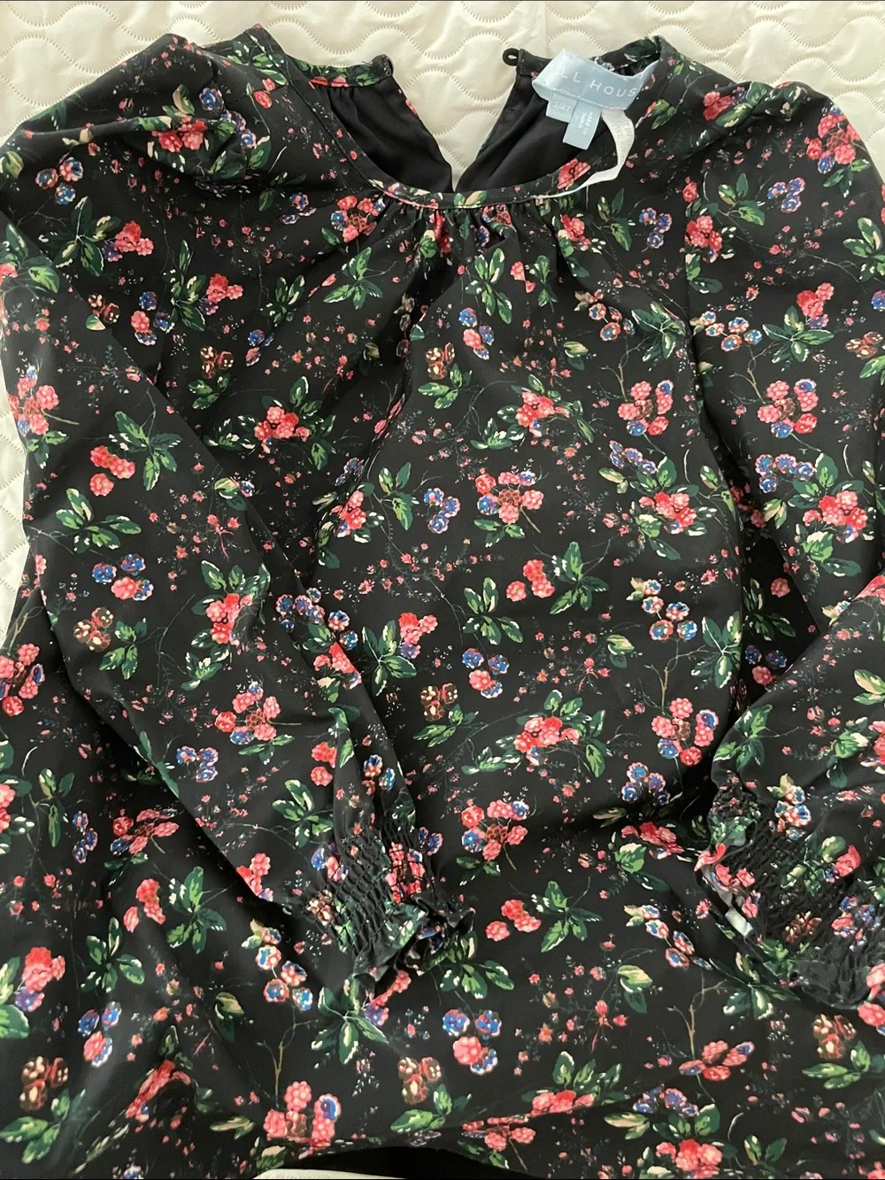 Hill House Black Floral Long-Sleeve Blouse with Red and Blue Accents